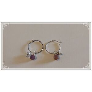 New~American West Jewelry 925 SS Hoops w/Sterling & Amethyst Ball Bead Charms